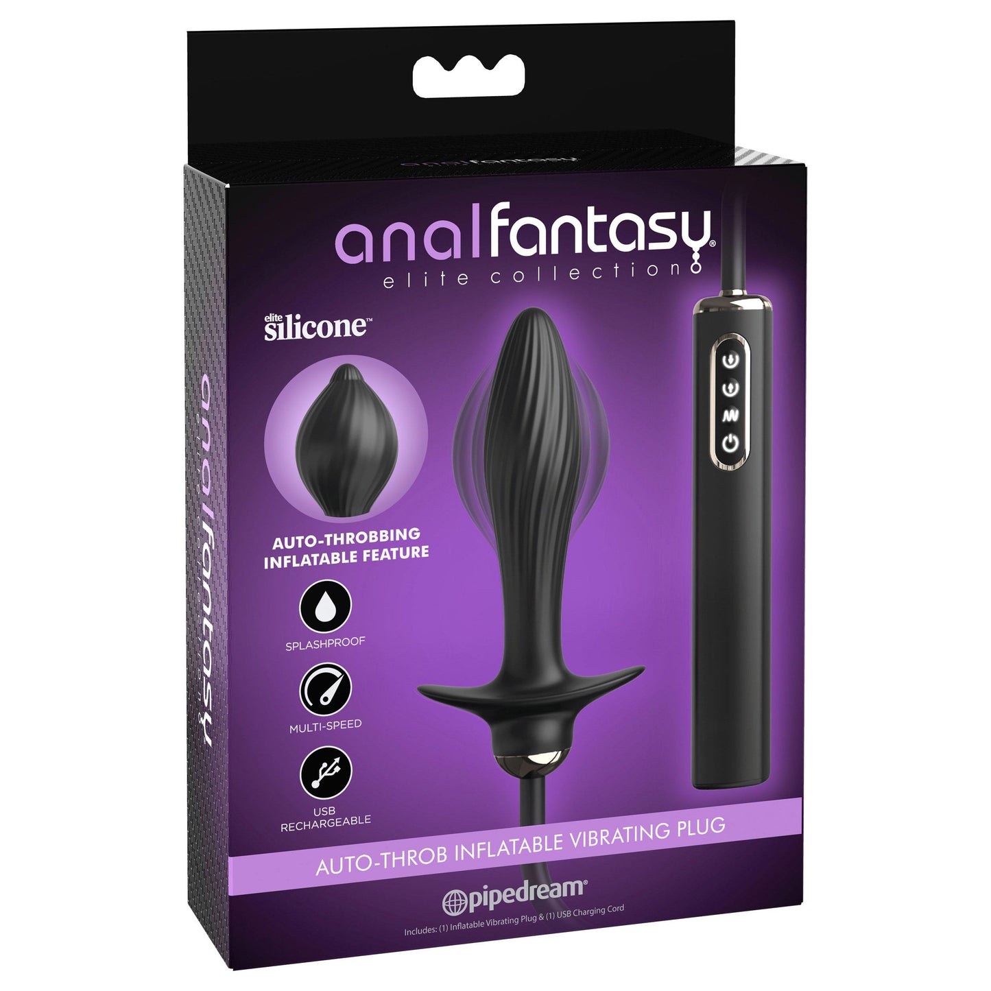 Anal Fantasy Elite Auto-Throb Inflatable Vibrating Plug - Black - Thorn & Feather