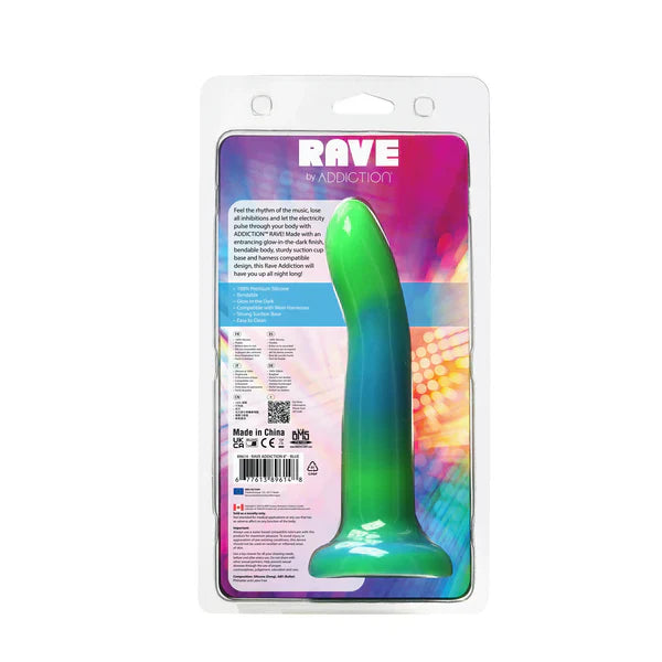 Rave by Addiction - 8" Glow in the Dark Dildo - Blue Green