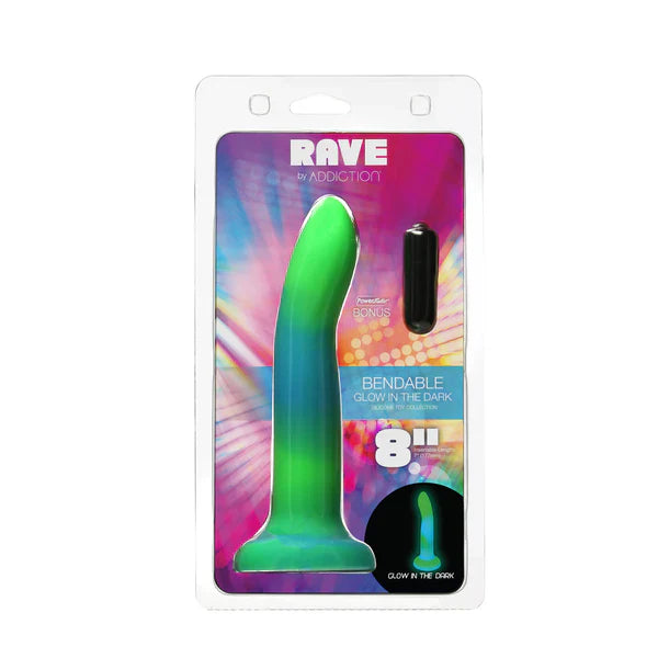 Rave by Addiction - 8" Glow in the Dark Dildo - Blue Green