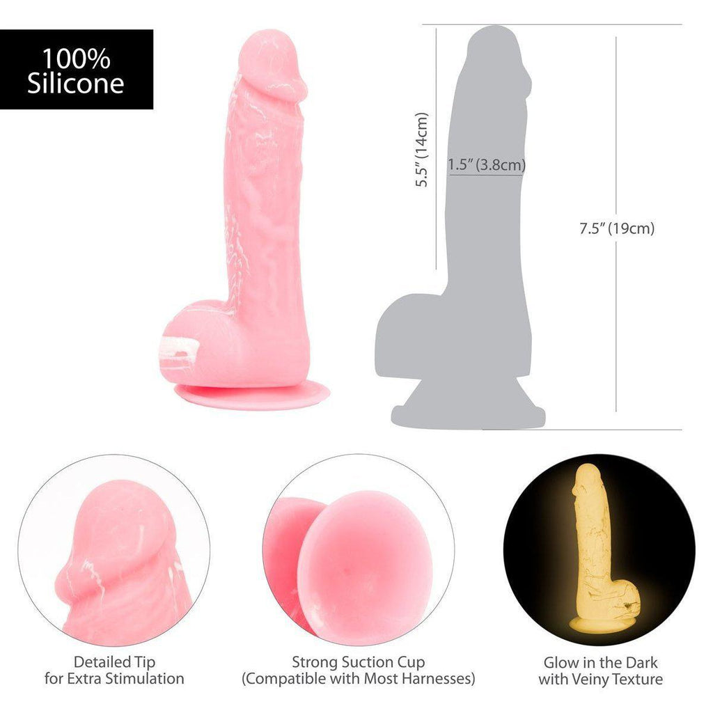 Addiction Brandon 7.5" Glow-in-the-Dark Dildo With Balls - Pink - Thorn & Feather