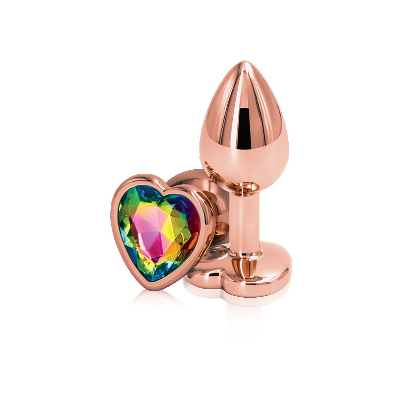 Rear Assets Rose Gold Heart Plug - Small, Rainbow - Thorn & Feather