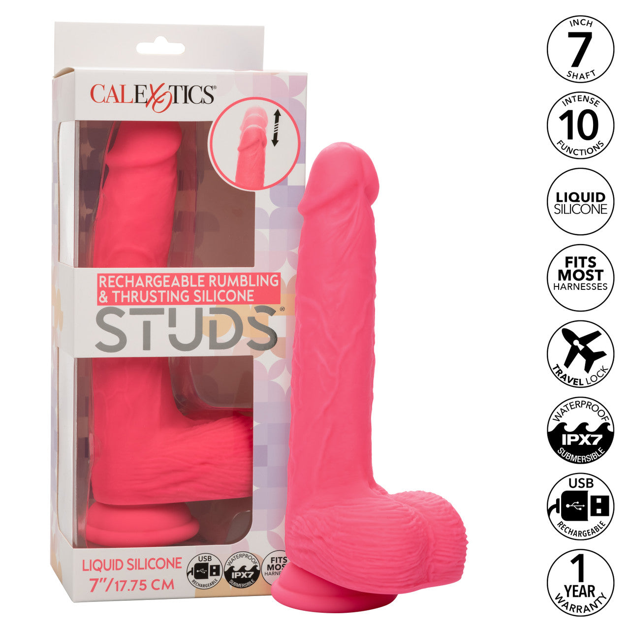 Rechargeable Rumbling & Thrusting Silicone Studs Dildo