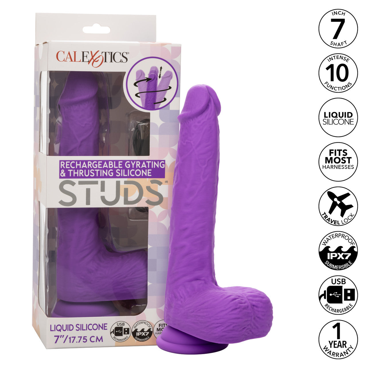 Rechargeable Gyrating & Thrusting Silicone Studs Dildo