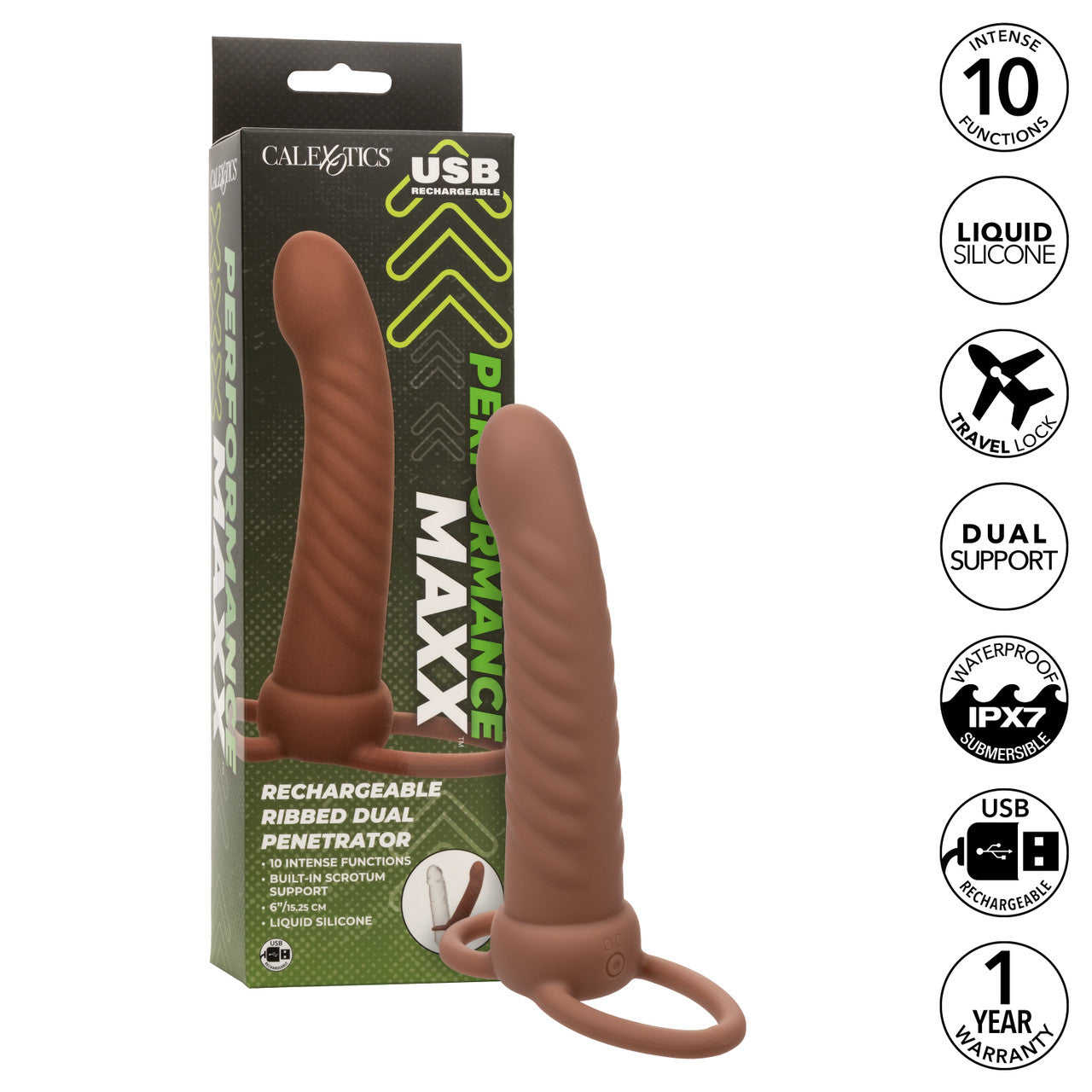 Rechargeable Ribbed Dual Penetrator - Brown