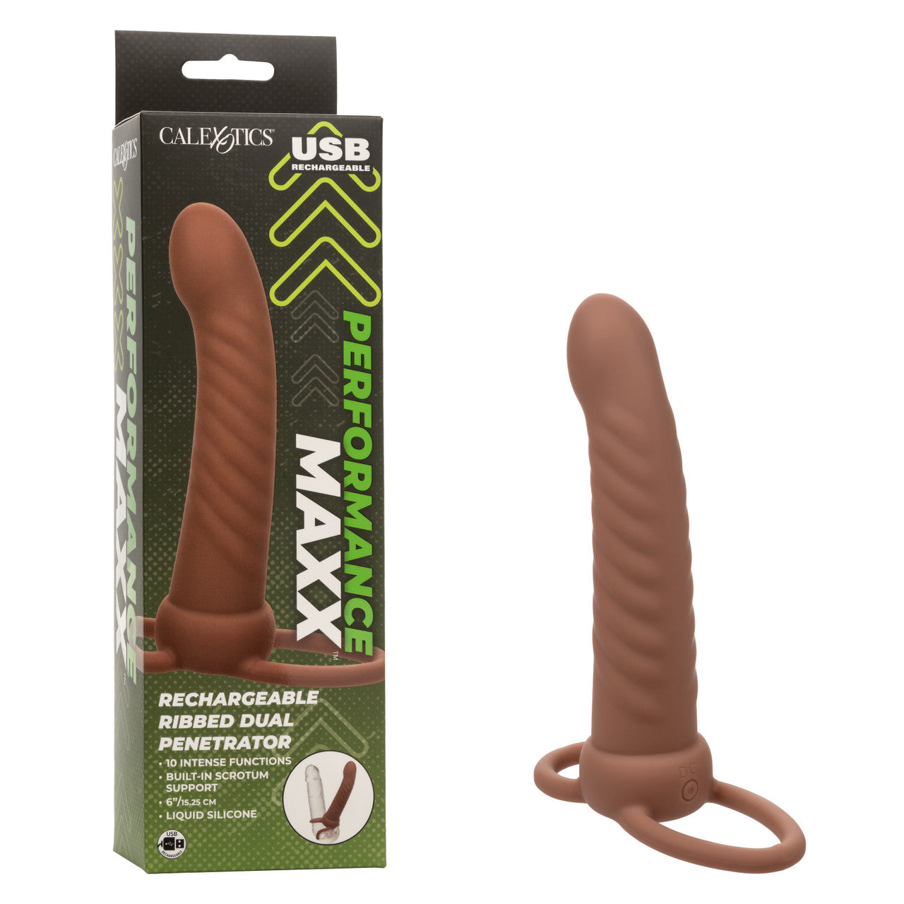 Rechargeable Ribbed Dual Penetrator - Brown