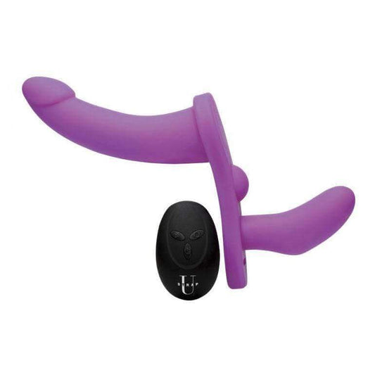 Double Take 10X Double Penetration Vibrating Strap-on Harness - Purple - Thorn & Feather