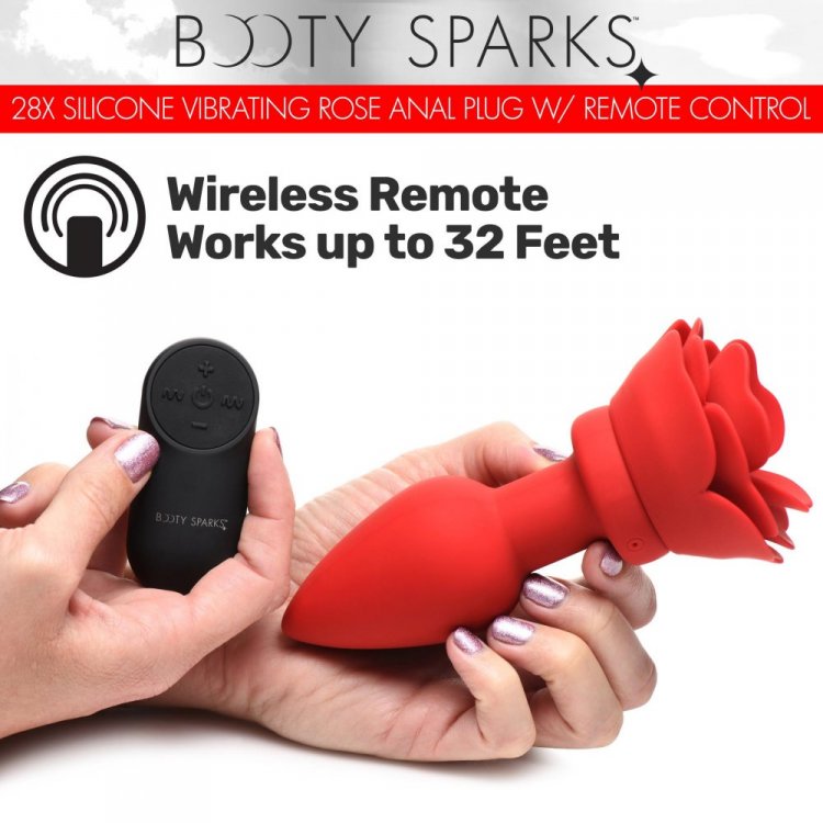 Booty Sparks 28X Silicone Vibrating Rose Anal Plug w/ Remote - Medium - Thorn & Feather