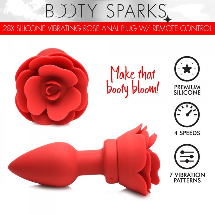 Booty Sparks 28X Silicone Vibrating Rose Anal Plug w/ Remote - Medium - Thorn & Feather