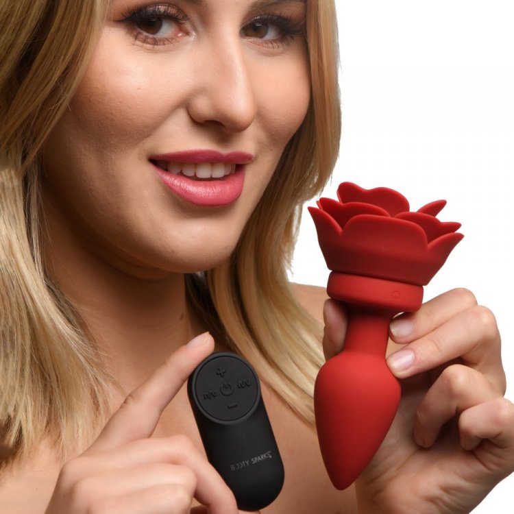 Booty Sparks 28X Silicone Vibrating Rose Anal Plug w/ Remote - Medium - Thorn & Feather