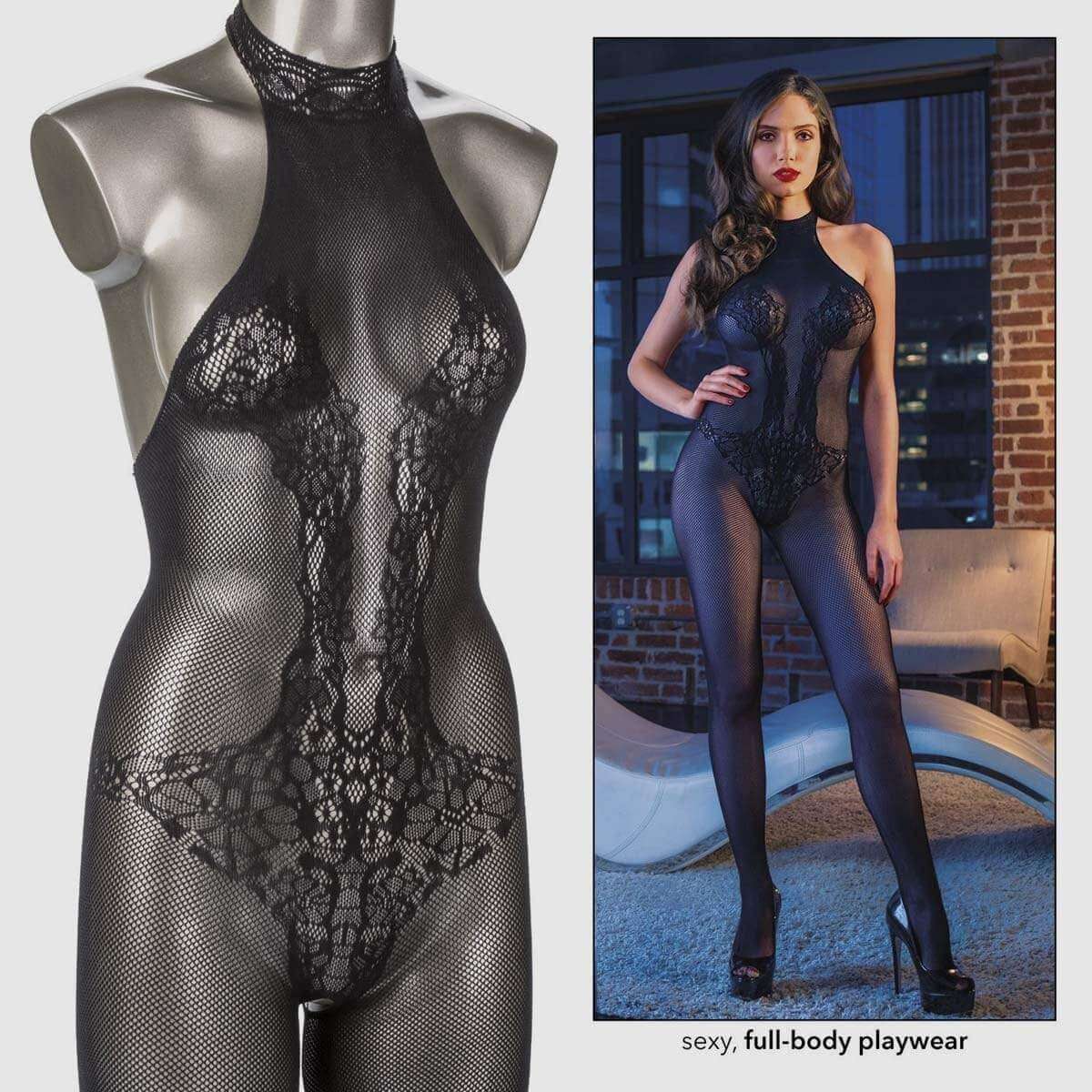 Scandal Halter Lace Bodystocking - Black, One Size - Thorn & Feather