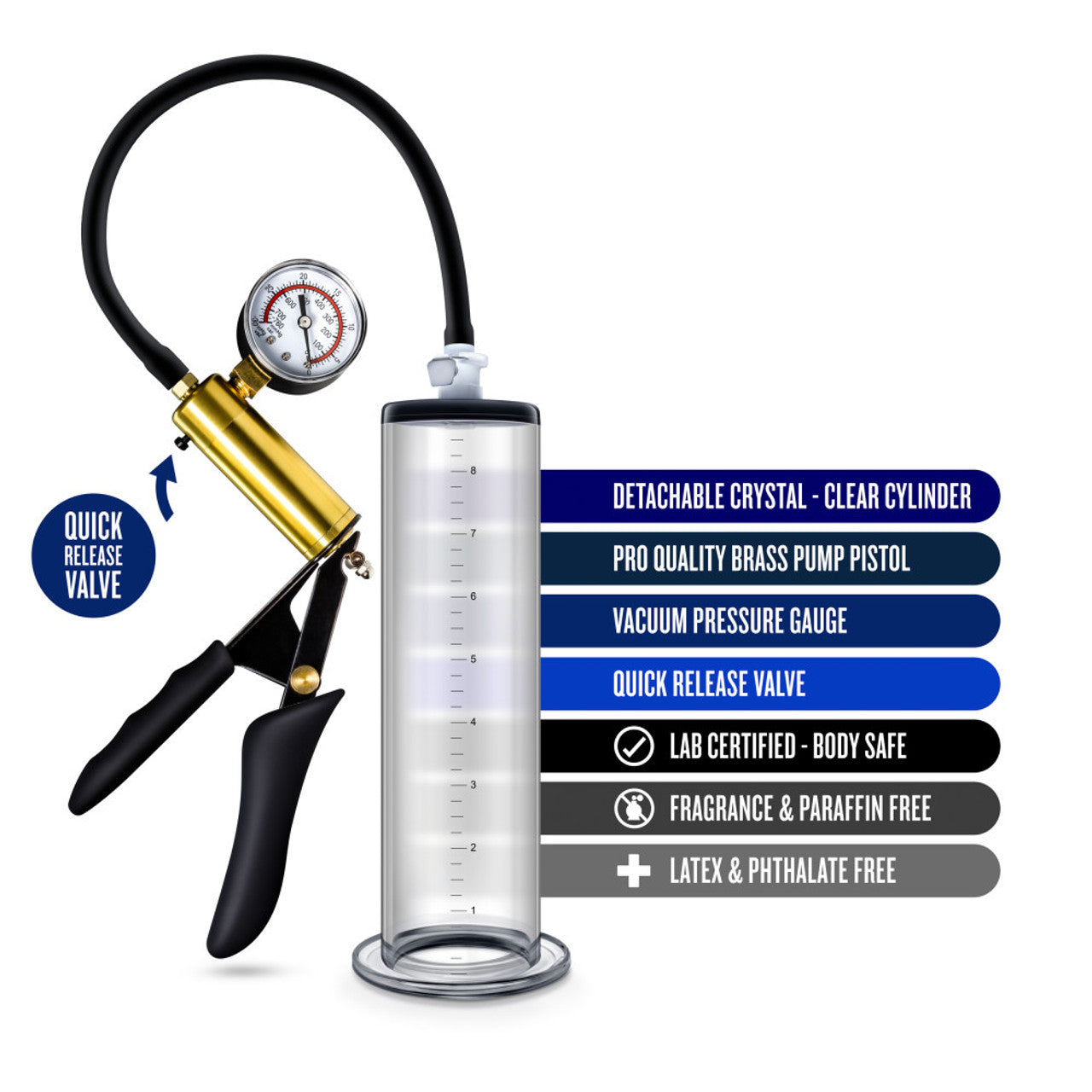 VX6 Vacuum Penis Pump With Brass Pistol & Pressure Gauge - Clear - Thorn & Feather