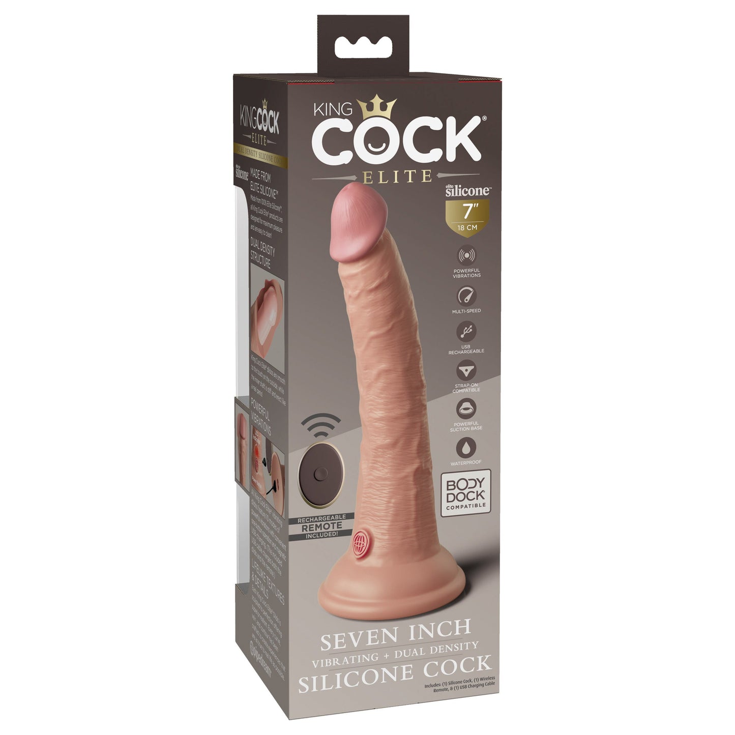 King Cock Elite 7" Dual Density Vibrating Silicone Cock with Remote - Light - Thorn & Feather