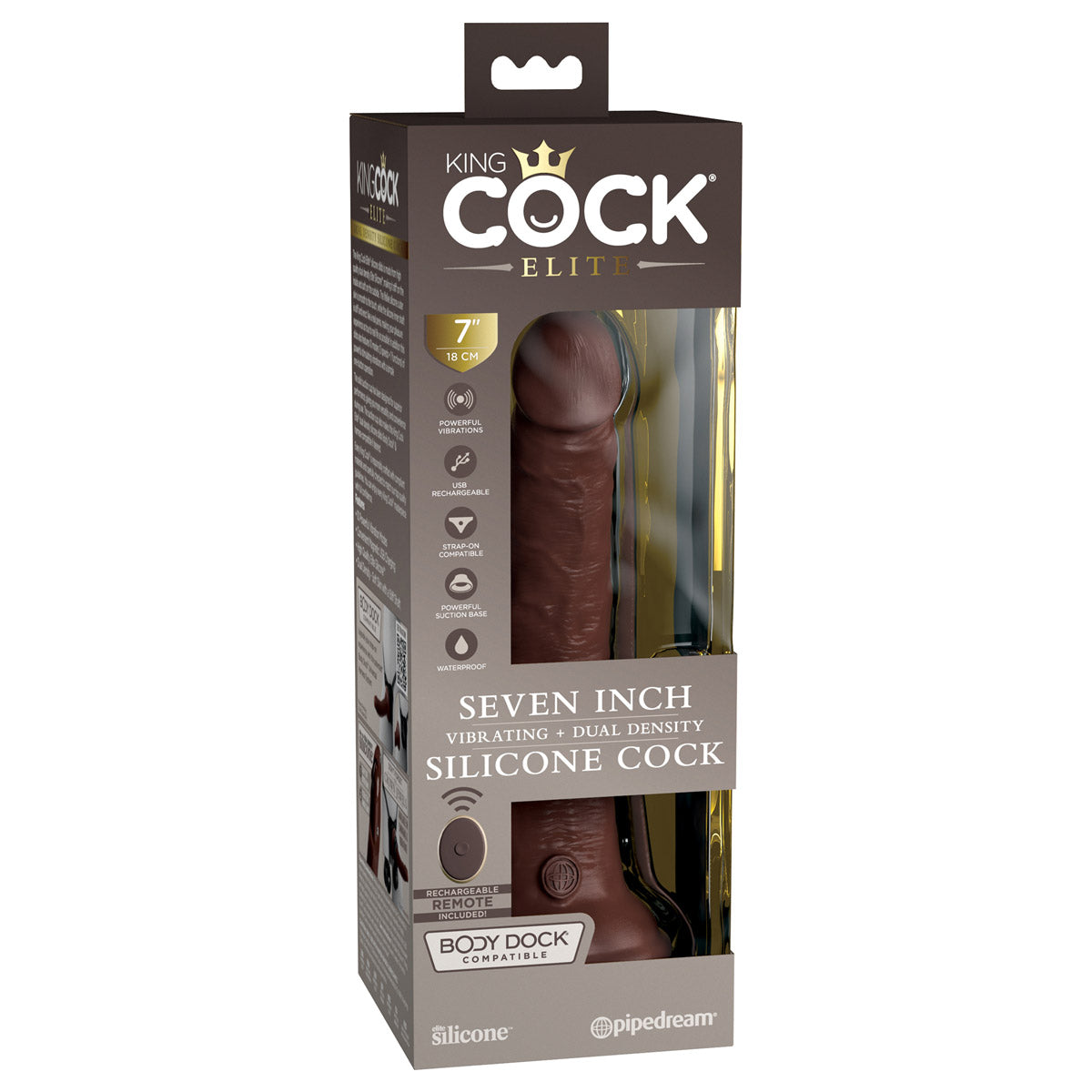 King Cock Elite 7" Dual Density Vibrating Silicone Cock with Remote - Brown - Thorn & Feather