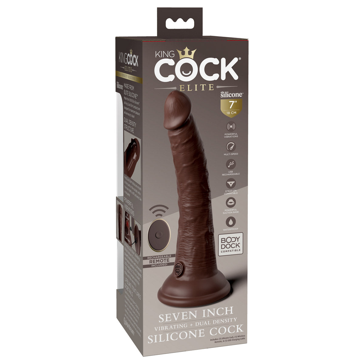 King Cock Elite 7" Dual Density Vibrating Silicone Cock with Remote - Brown - Thorn & Feather