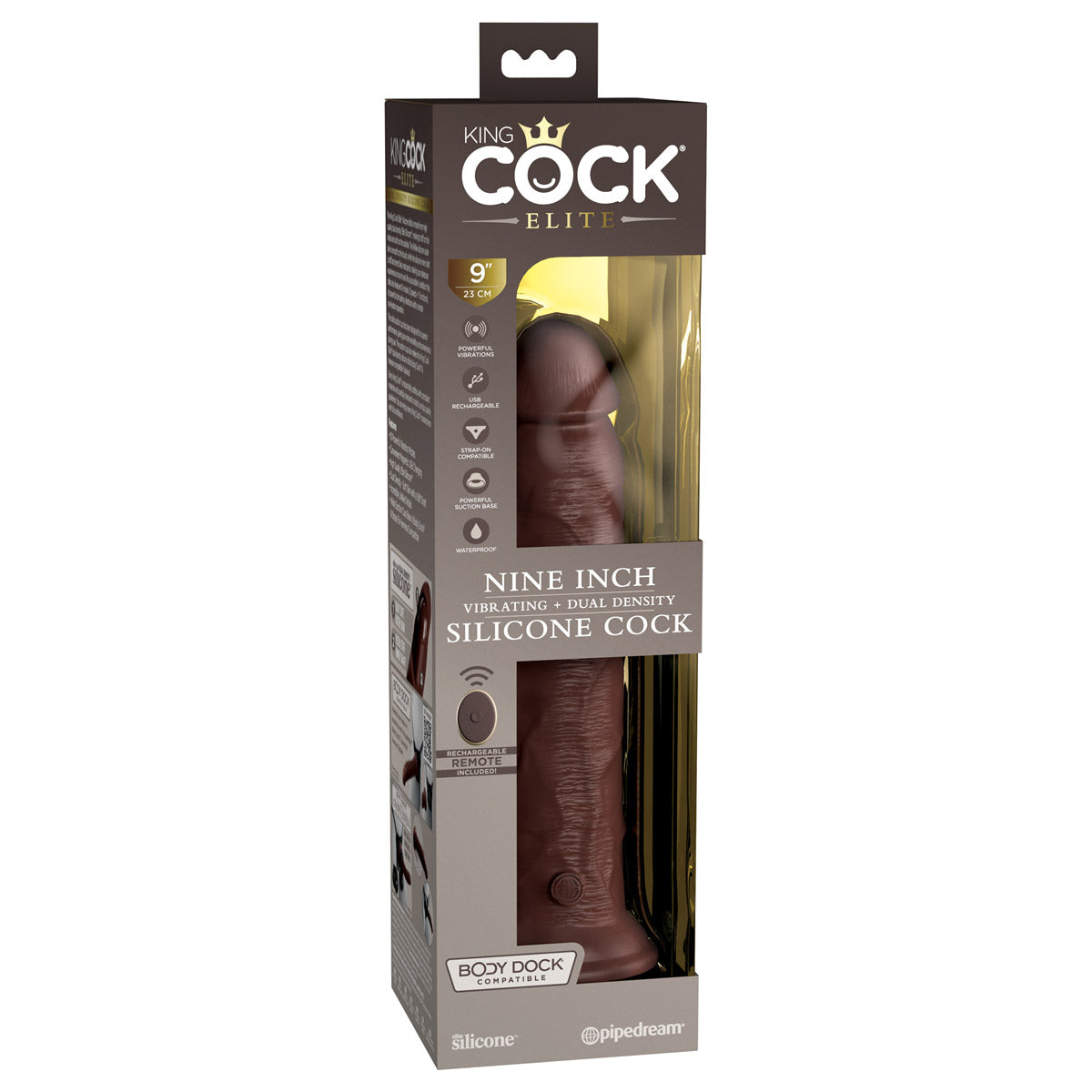 King Cock Elite 9" Dual Density Vibrating Silicone Cock with Remote - Brown - Thorn & Feather