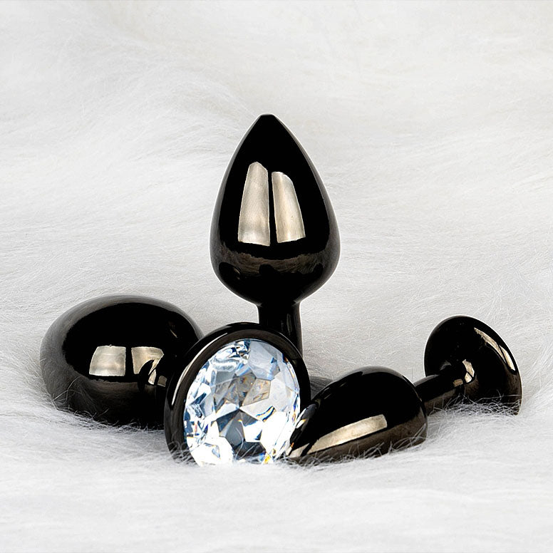 Round Gem Butt Plug - Large, Gunmetal/Diamond