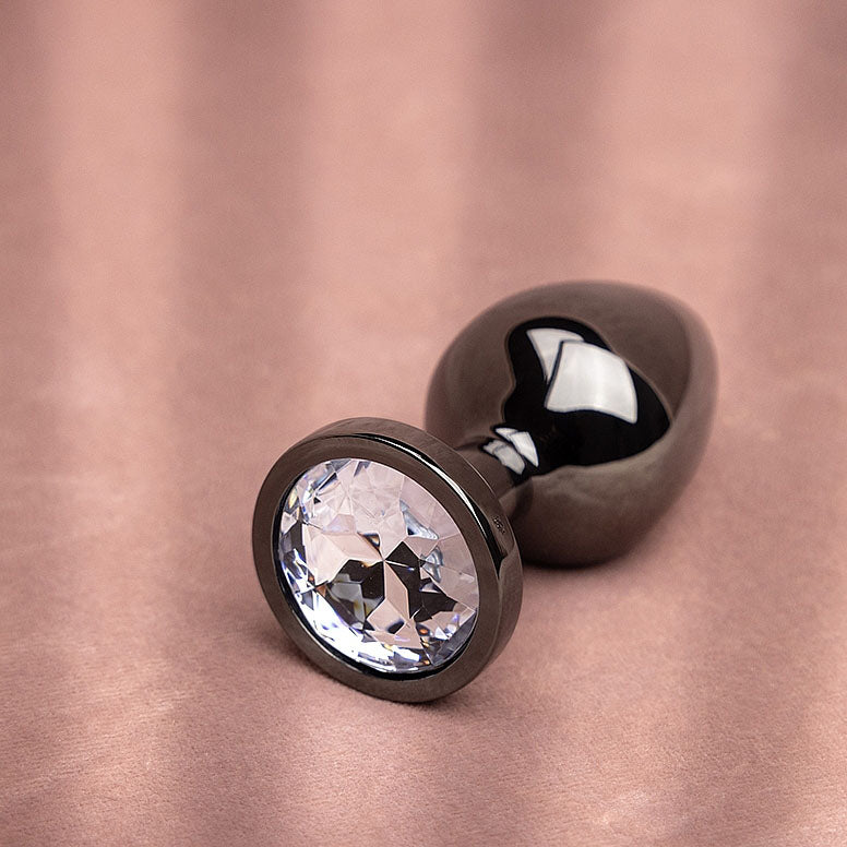 Round Gem Butt Plug - Medium, Gunmetal/Diamond