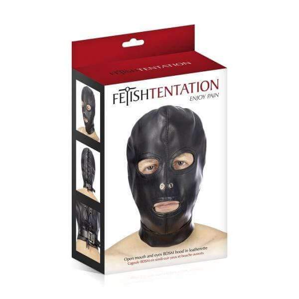 Open Mouth and Eyes BDSM Hood in Leatherette - Thorn & Feather Sex Toy Canada