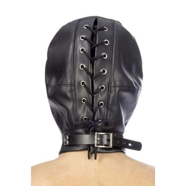 Open Mouth and Eyes BDSM Hood in Leatherette - Thorn & Feather Sex Toy Canada