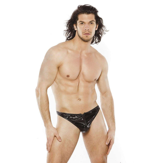 Zeus Wet Look Zipper Thong - Black, O/S - Thorn & Feather Sex Toy Canada