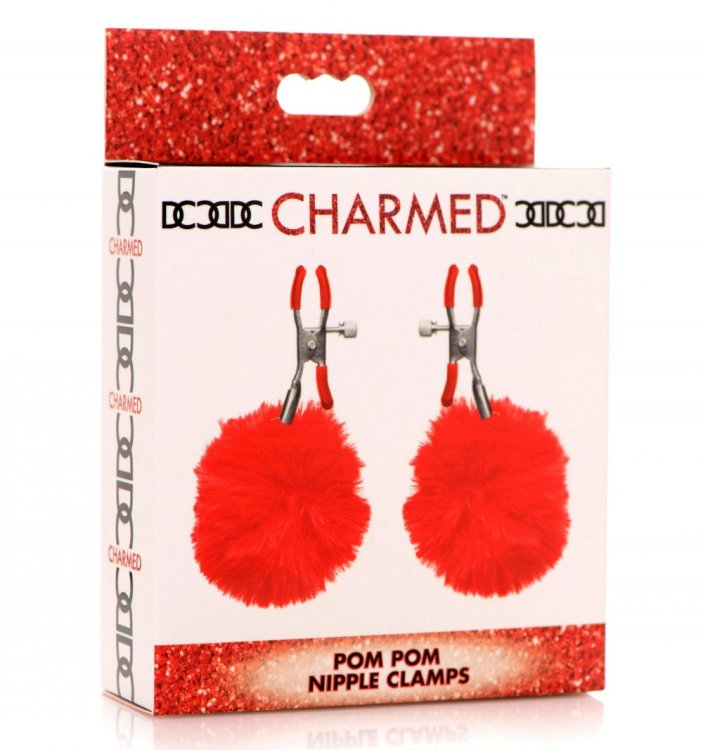 Charmed Pom Pom Nipple Clamps - Red - Thorn & Feather Sex Toy Canada