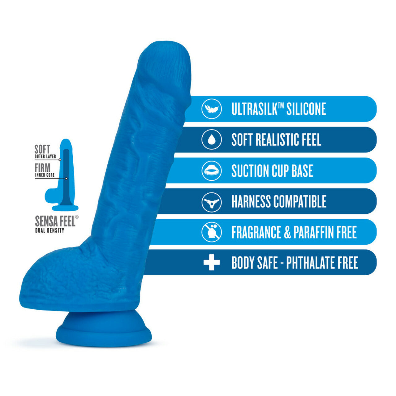 Neo Elite 9 Inch Silicone Dual Density Cock with Balls - Neon Blue - Thorn & Feather Sex Toy Canada