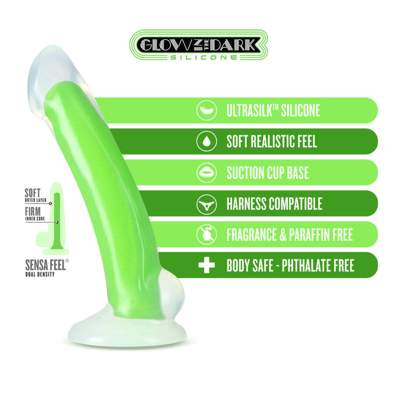 Glow in the Dark 7" Silicone Dual Density Dildo - Green - Thorn & Feather Sex Toy Canada