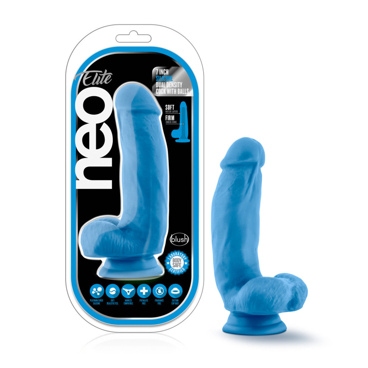 Neo Elite 7' Silicone Dual Density Cock w Balls - Neon Blue - Thorn & Feather Sex Toy Canada