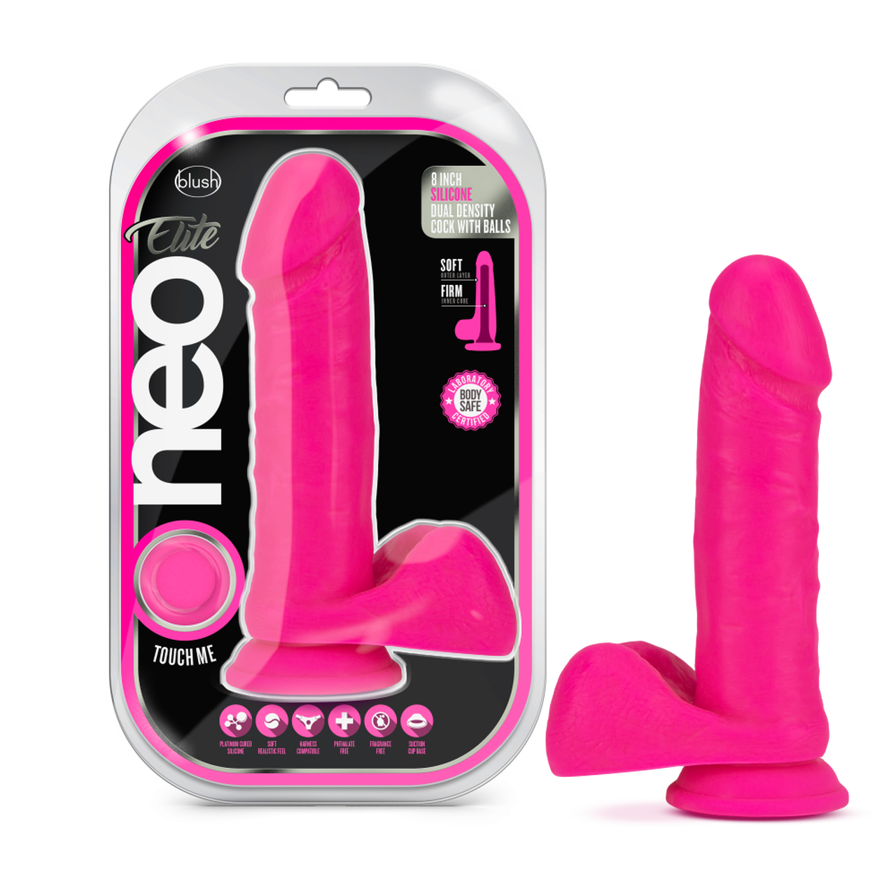Neo Elite 8 Inch Silicone Dual Density Cock with Balls - Neon Pink - Thorn & Feather Sex Toy Canada