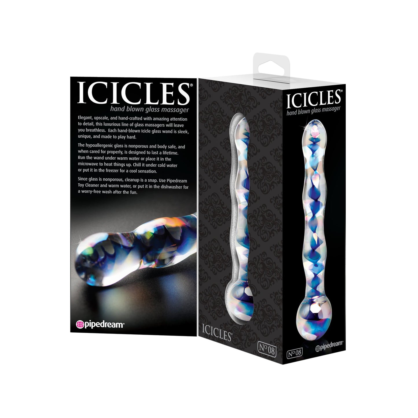 Icicles No. 8 Blue Swirls Hand Blown Glass Massager Dildo - Thorn & Feather Sex Toy Canada