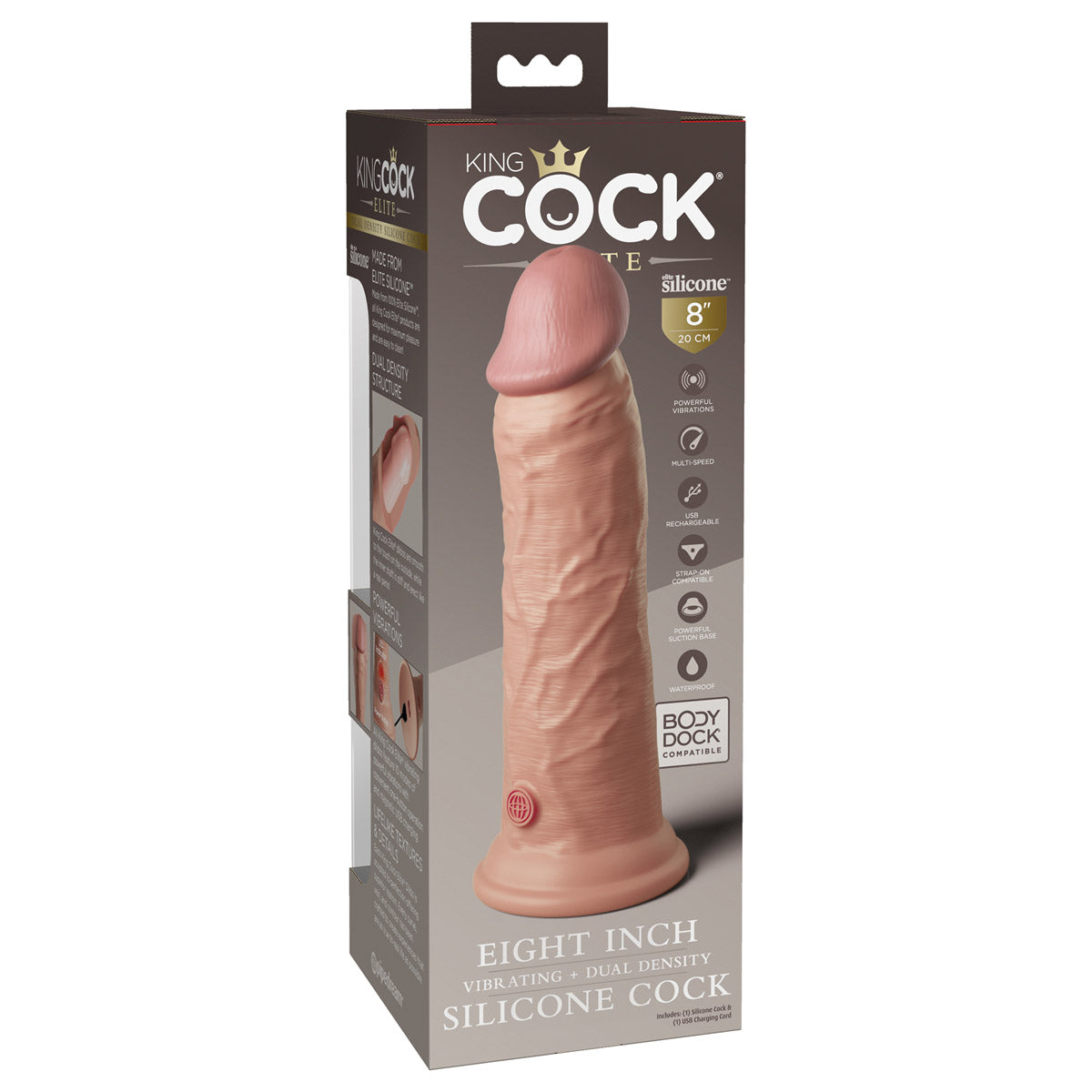 King Cock Elite 8" Dual Density Vibrating Silicone Cock - Light - Thorn & Feather Sex Toy Canada