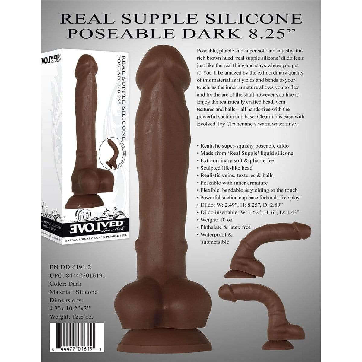 Real Supple Silicone Poseable 8.25" Dildo - Dark - Thorn & Feather Sex Toy Canada