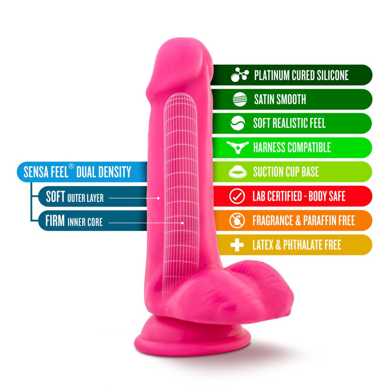 Neo Elite 6 Inch Silicone Dual Density Cock with Balls - Neon Pink - Thorn & Feather Sex Toy Canada