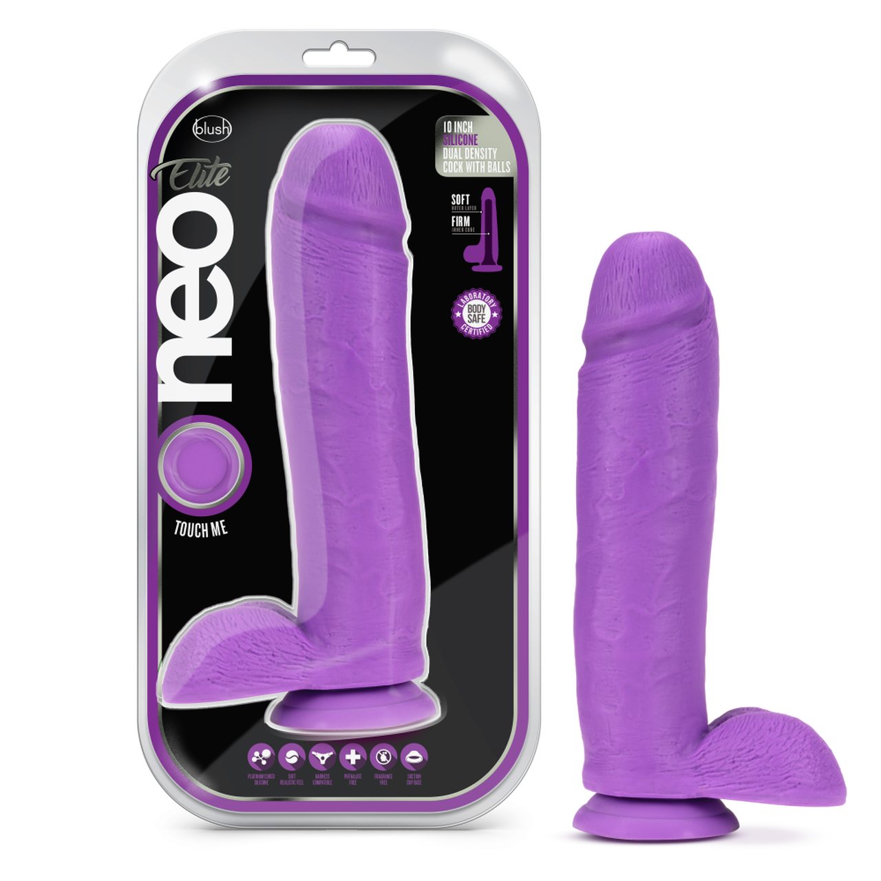 Neo Elite 10 Inch Silicone Dual Density Cock with Balls - Neon Purple - Thorn & Feather Sex Toy Canada